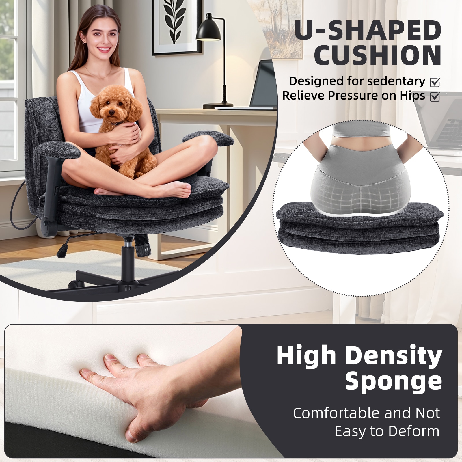Criss Cross Chair With Wheels And Flip Arms, Upholstered Cross Legged Office Chair With 3 Layer Cushions&Dynamic Airbag Lumbar Support, Wide Seat Comfy Desk Chair For Home Office, Living Room, Black_maomaolike.com